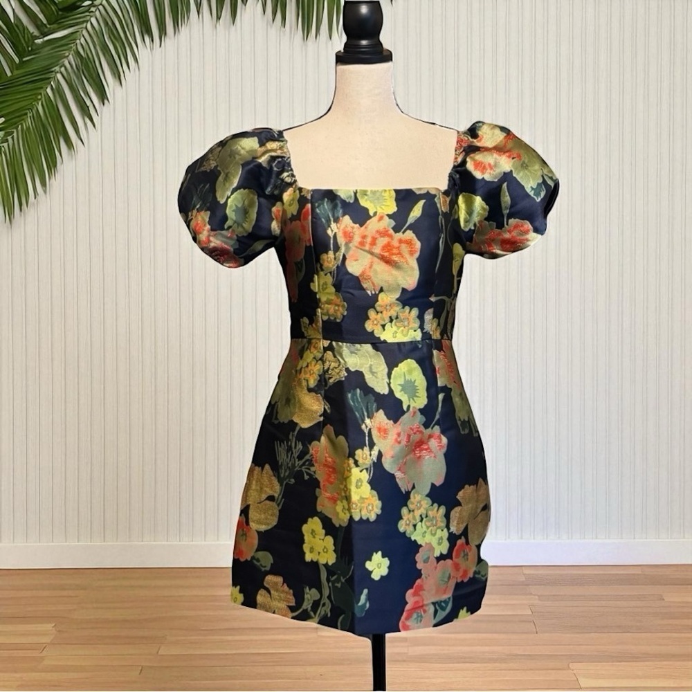 LULUS So Stunning Metallic Jacquard Puff Sleeve Mini Dress – Size M